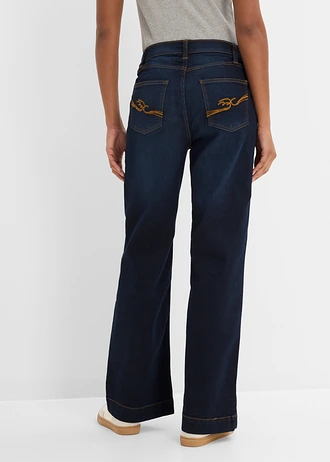 Jean large taille mi-haute élastiquée, Couleur: bleu foncé denim used