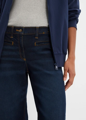 Jeansy wide leg, mid waist, z elastyczną wstawką w talii • granatowy denim used • sklep bonprix