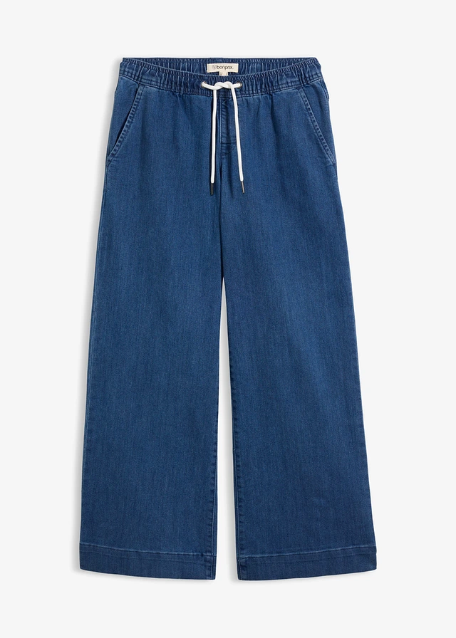 Mid waist stretch jeans, wide leg, Kleur: blauw denim