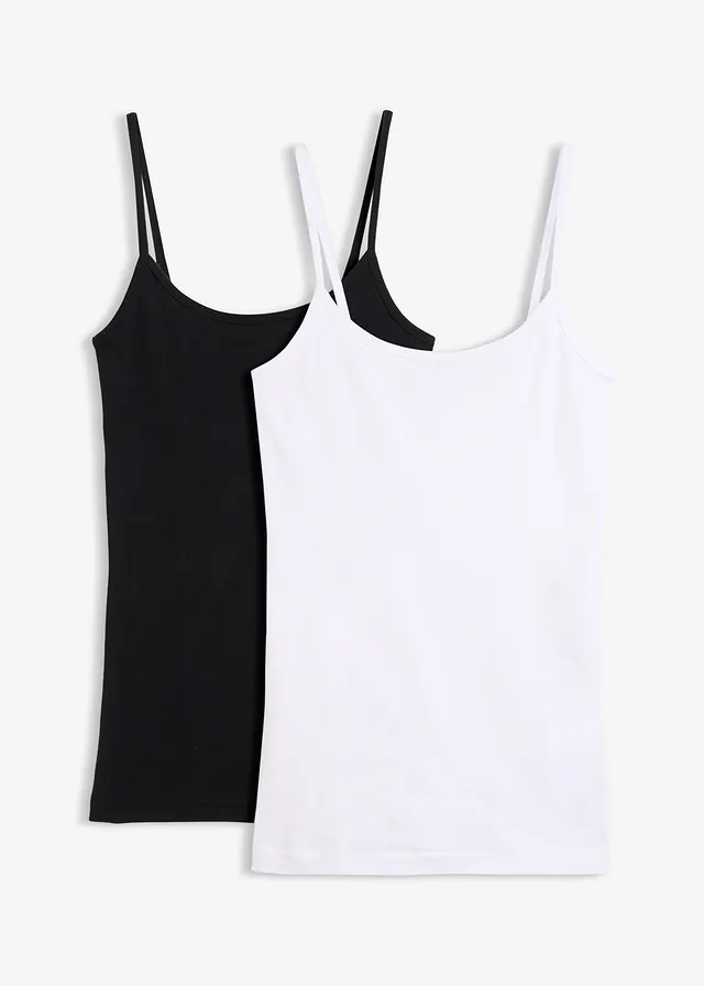 Lot de 2 tops à bretelles spaghetti 100% coton • blanc/noir • Boutique bonprix