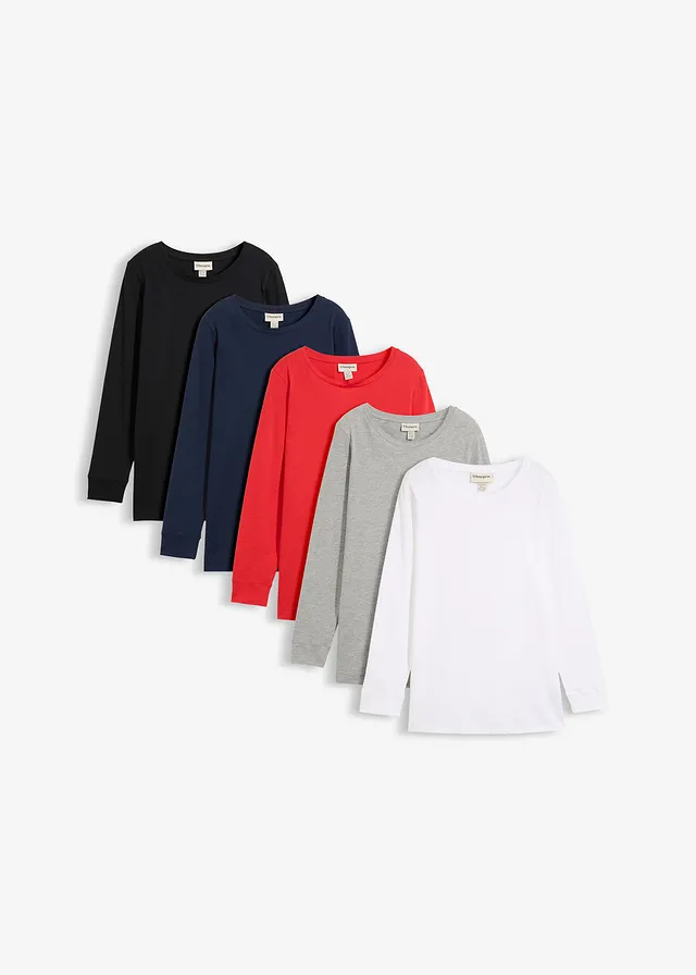 Longshirt met ronde hals, lange mouwen (set van 5) • zwart+aardbeirood+lichtgrijs gemêleerd+wit+donkerblauw • bonprix online shop