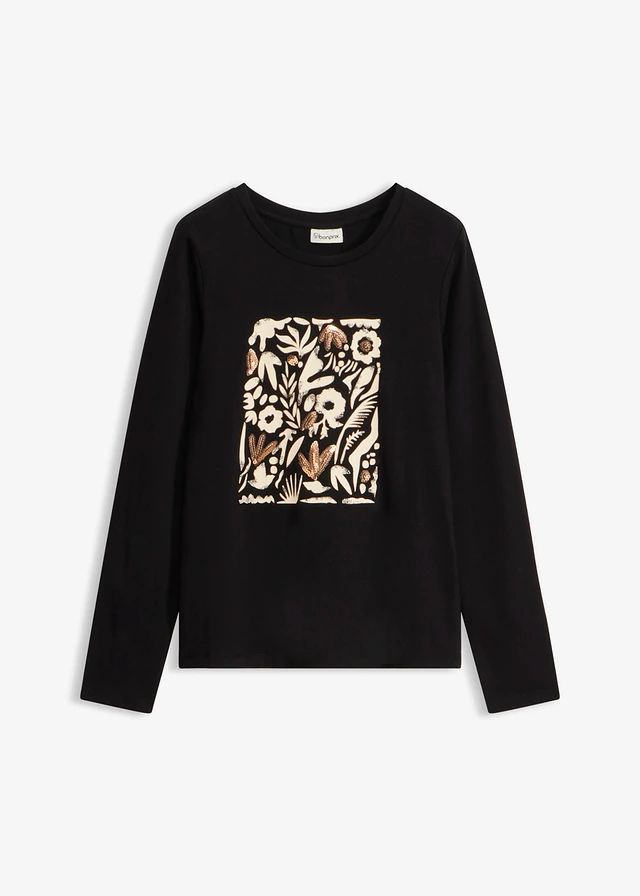 T-shirt manches longues en coton extensible, Couleur: noir/beige galet/marron moka imprimé