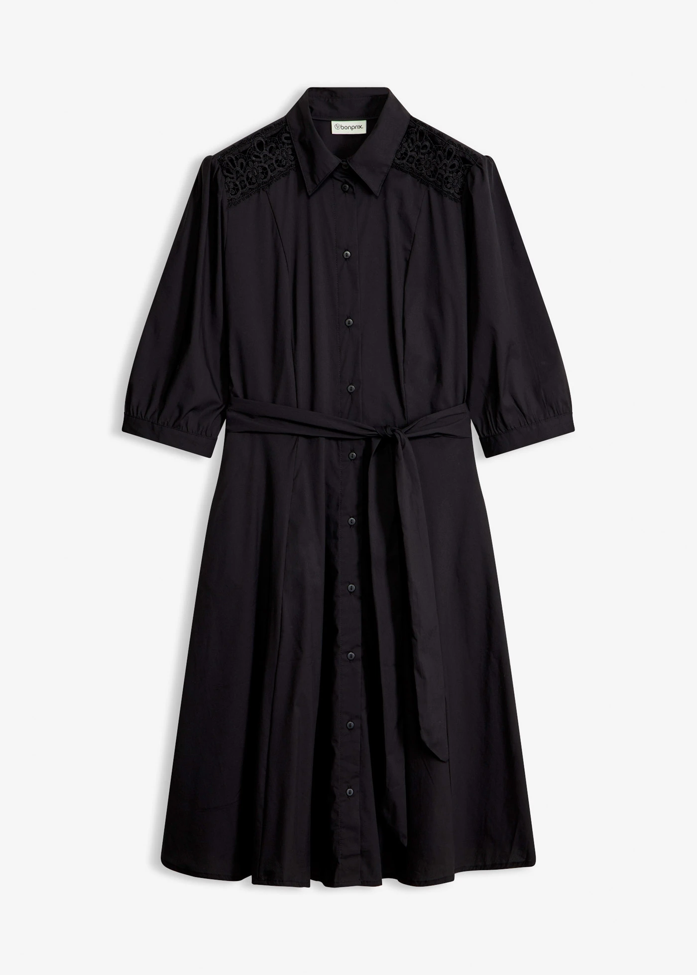 Overhemdjurk met kant en strikceintuur • zwart • bonprix online shop