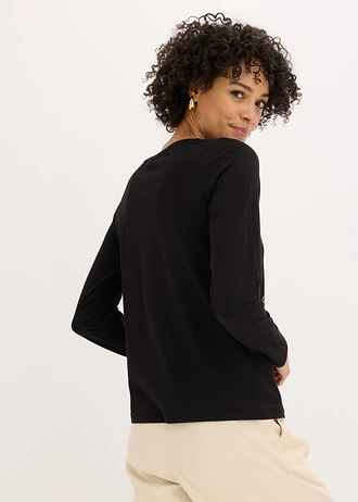 T-shirt manches longues en coton extensible, Couleur: noir/beige galet/marron moka imprimé