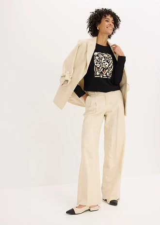 T-shirt manches longues en coton extensible, Couleur: noir/beige galet/marron moka imprimé