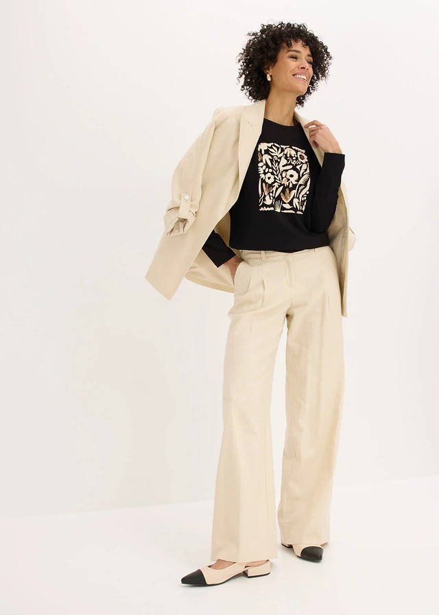 T-shirt manches longues en coton extensible, Couleur: noir/beige galet/marron moka imprimé