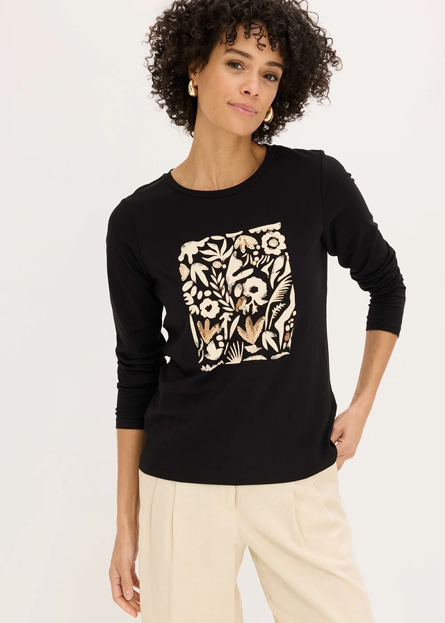 T-shirt manches longues en coton extensible, Couleur: noir/beige galet/marron moka imprimé
