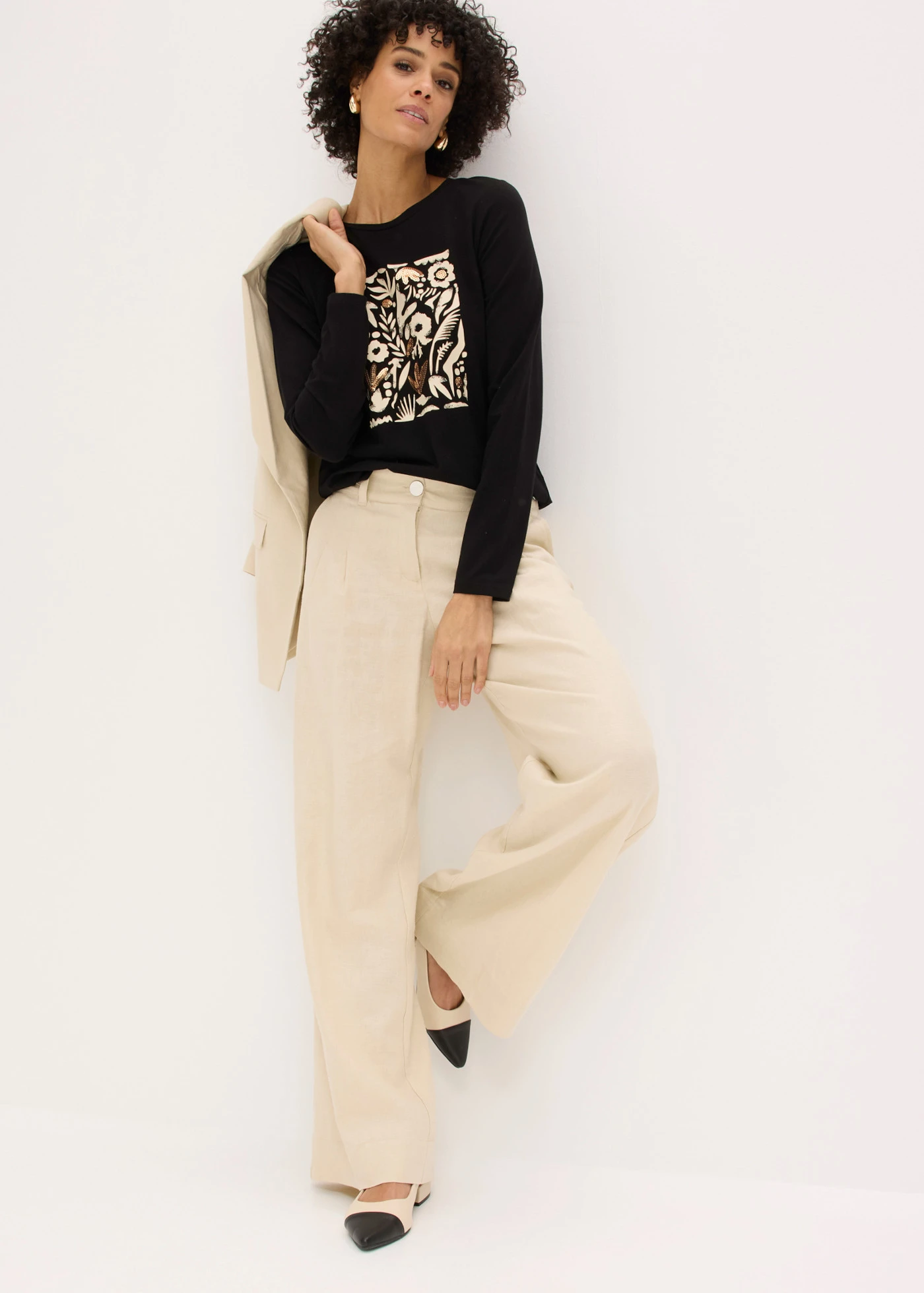 T-shirt manches longues en coton extensible • noir/beige galet/marron moka imprimé • Boutique bonprix