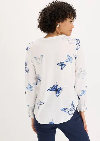 Gedessineerde blouse van viscose, Kleur: wit-blauw gedessineerd