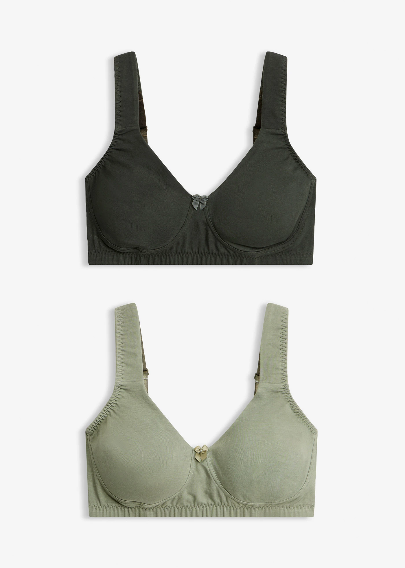 Lot de 2 soutiens-gorge minimiseurs moulés sans armatures en coton • olive + olive foncé • Boutique bonprix