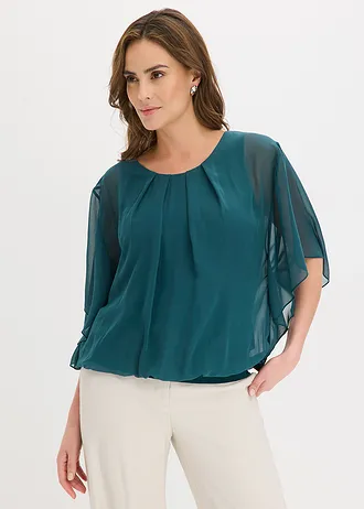 Chiffon blouse met ondershirt, Kleur: diepgroen