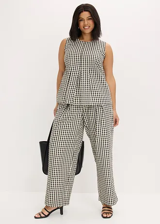 Pantalon large à pinces, Couleur: jaune vanille-noir carreaux