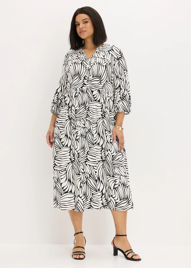 Robe-tunique douce en jersey viscose, Couleur: noir/écru imprimé