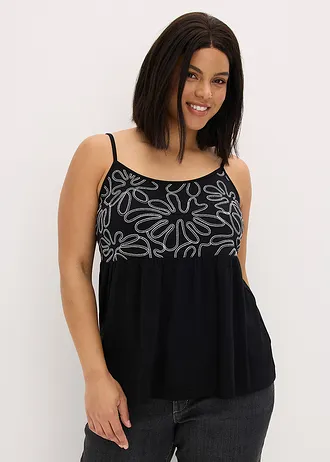 Top s úzkými ramínky a výšivkou, barva: černo-bílá