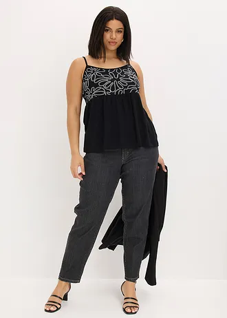 Top met spaghettibandjes en borduursel, Kleur: zwart/wit