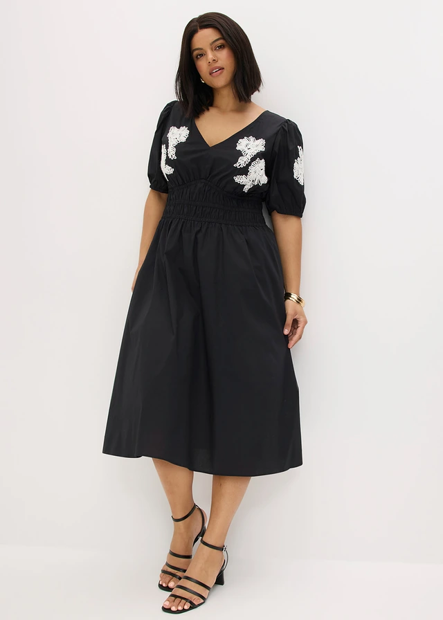 Robe midi brodée, Couleur: noir-blanc floral
