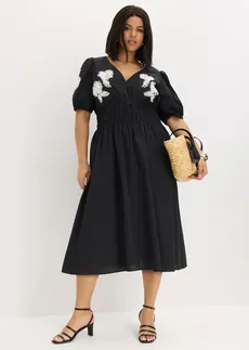 Midi jurk met borduursel, Kleur: zwart-wit gebloemd