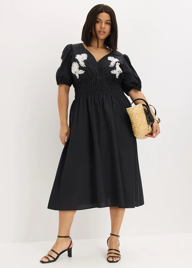 Robe midi brodée, Couleur: noir-blanc floral