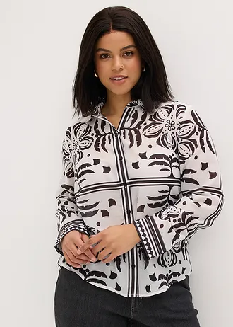 Blouse, Kleur: wolwit-zwart met print