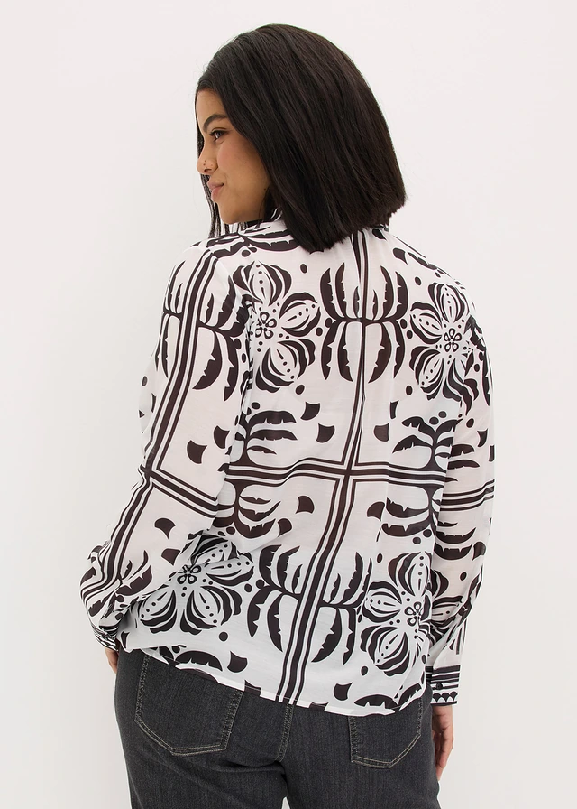 Blouse, Kleur: wolwit-zwart met print