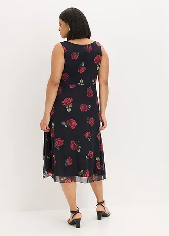 Midi jurk van zachte mesh, Kleur: zwart gebloemd