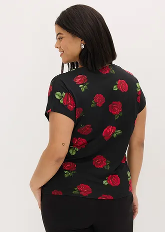 Gedessineerd shirt van een zachte viscosemix, Kleur: zwart gebloemd