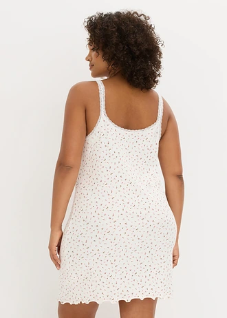 Nachthemd van geribd materiaal, Kleur: wolwit gebloemd