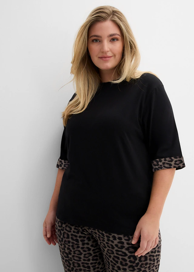 Sweater van katoenmix met luipaarddetail, Kleur: zwart-donkerbruin-middenbruin-natuursteen luipaard