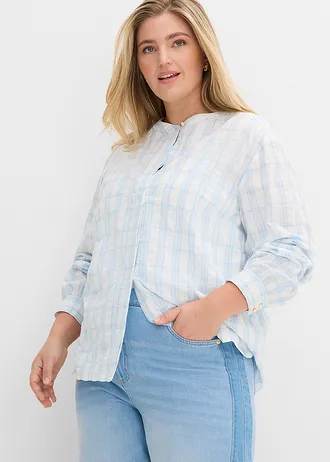 Blouse van puur katoen, Kleur: wolwit-poederblauw geruit