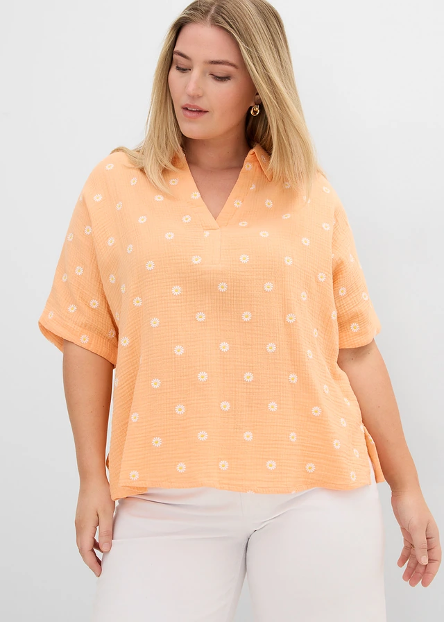 Blouse manches courtes en gaze de coton aérien, Couleur: papaye floral