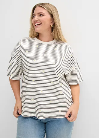 Gestreept T-shirt van puur katoen, Kleur: wolwit/zwart gestreept