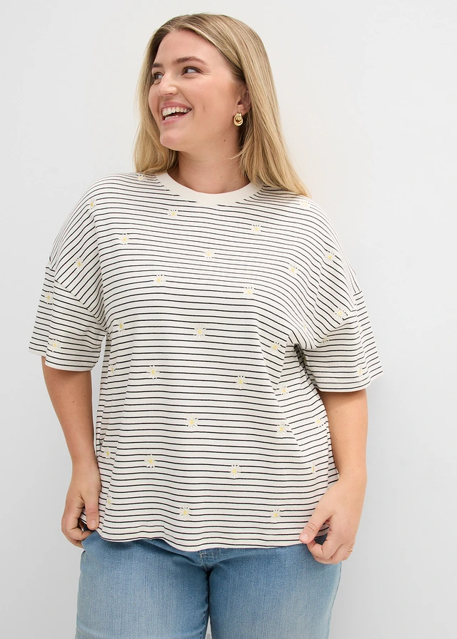 T-shirt rayé 100% coton, Couleur: écru/noir rayé