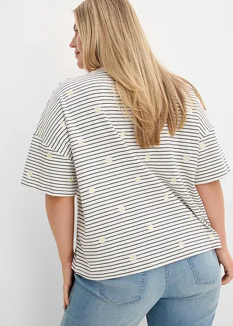 Gestreept T-shirt van puur katoen, Kleur: wolwit/zwart gestreept