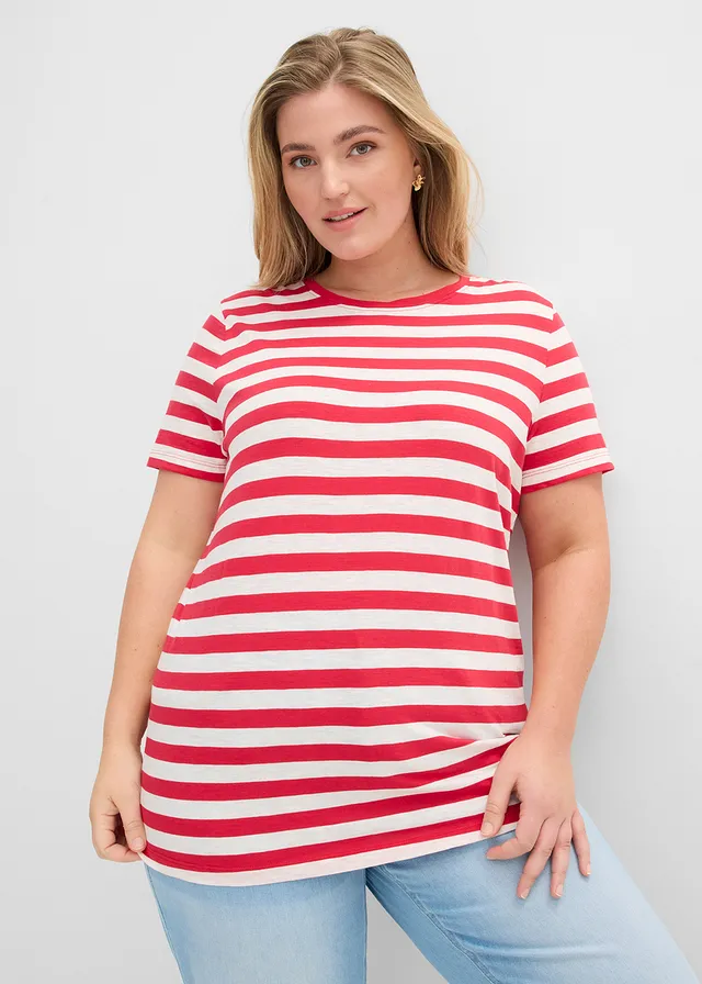 Lot de 2 T-shirts col rond en coton, Couleur: rouge-écru-noir