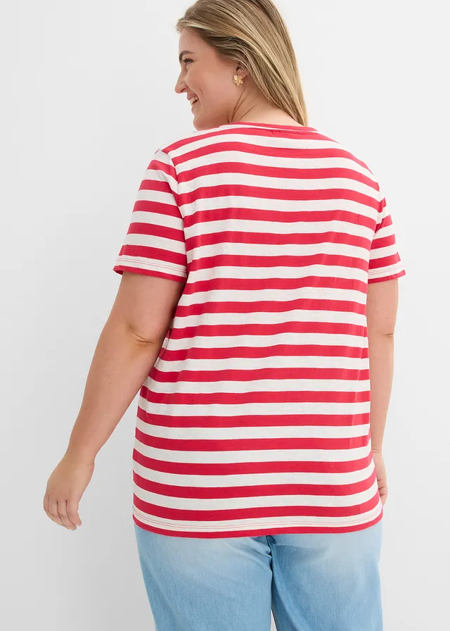 Lot de 2 T-shirts col rond en coton, Couleur: rouge-écru-noir