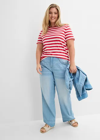 T-shirt met ronde hals van katoen (set van 2), Kleur: rood/wolwit/zwart