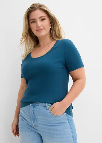 Lot de 2 T-shirts en coton côtelé, Couleur: bleu pétrole-écru
