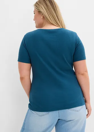 Lot de 2 T-shirts en coton côtelé, Couleur: bleu pétrole-écru