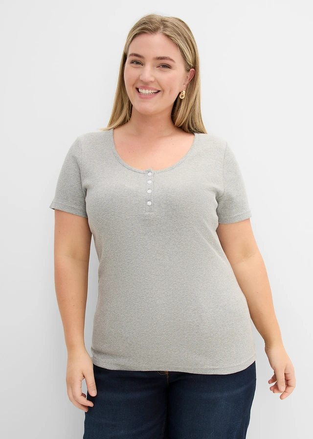 T-shirt col tunisien, 100% coton, Couleur: gris clair chiné