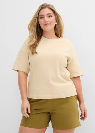 Bluză boxy din tricot gros de bumbac organic, culoare: bej nisipiu mat