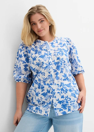 Blouse van puur katoen, Kleur: wolwit-lichtblauw-gletsjerblauw gebloemd