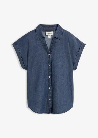 Rövid ujjú farmerblúz lenvászonnal • sötétkék denim • bonprix áruház