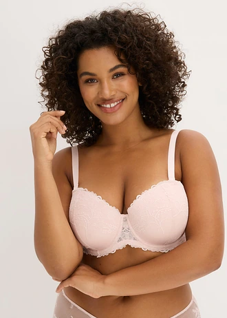 Sutien balconette cu bretele detașabile și dantelă moale (set/2 buc.), culoare: roz pal+ecru