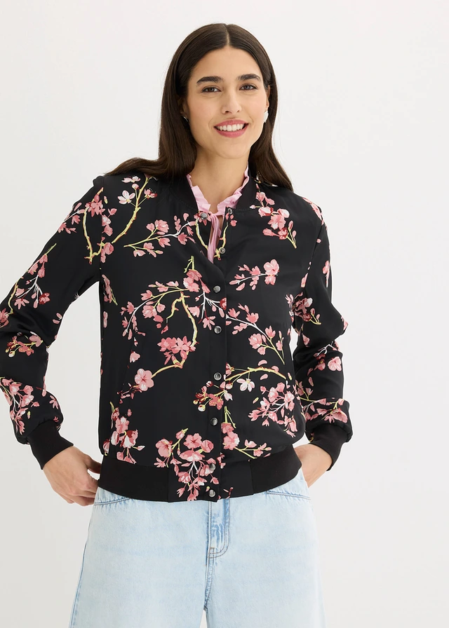 Korte bomber jack, Kleur: zwart-roze gebloemd