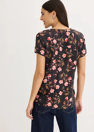 Chemisier manches courtes 100% viscose, Couleur: noir floral
