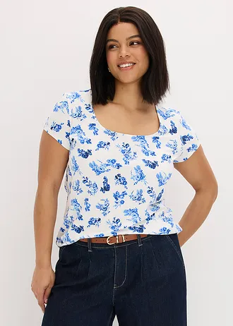 Shirt van elastisch katoen, Kleur: blauw-wolwit gebloemd
