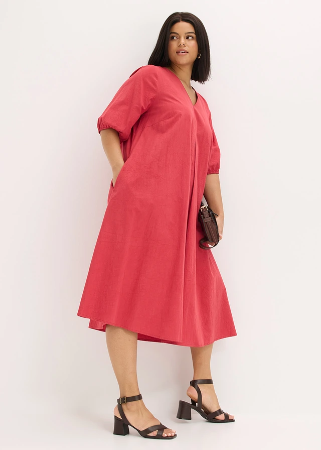 Robe midi 100% coton, Couleur: rouge cerise