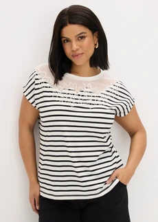 T-shirt en viscose extensible, Couleur: écru/noir rayé