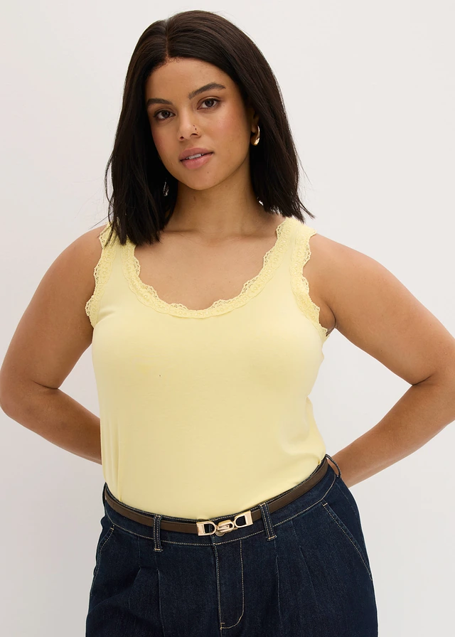 Lot de 2 tops doux en viscose extensible, Couleur: jaune clair-blanc