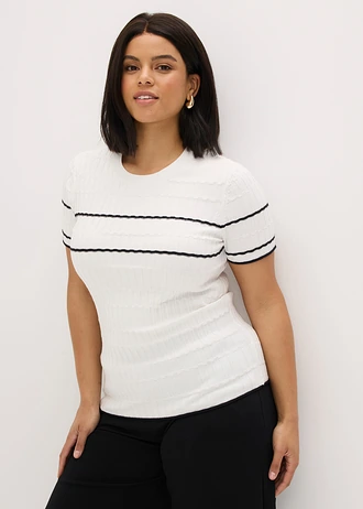 Trui van een katoenmix met korte mouwen, Kleur: wolwit/zwart gestreept